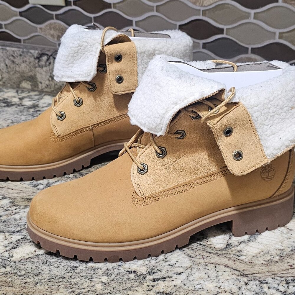 Women's Timberland Teddy Fleece Fold Down Boot Wheat Nubuck Leather Sz 9